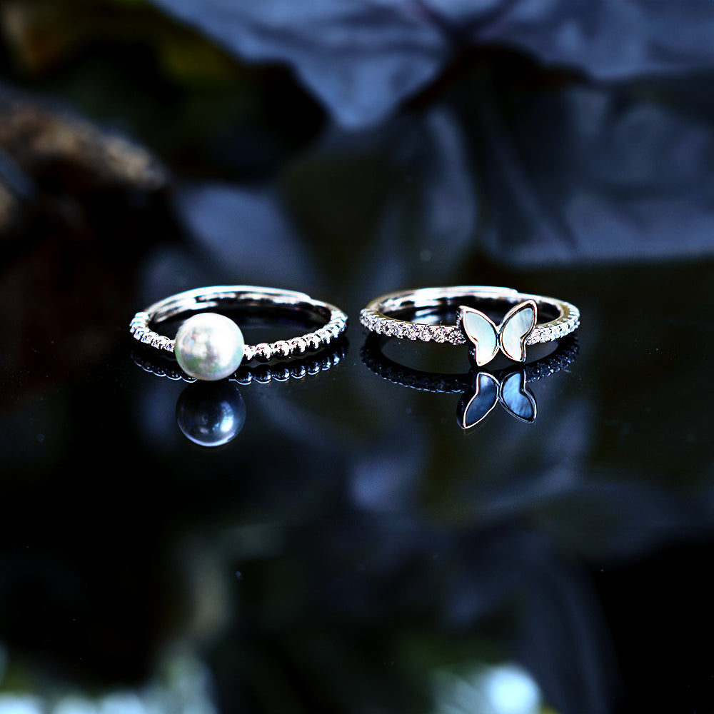 Butterfly & Pearl Dual Rings