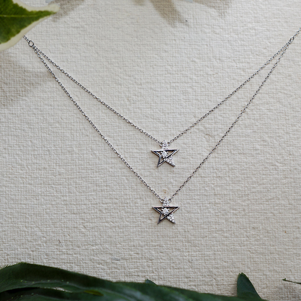 Zirconia Studded Dual Star Necklace