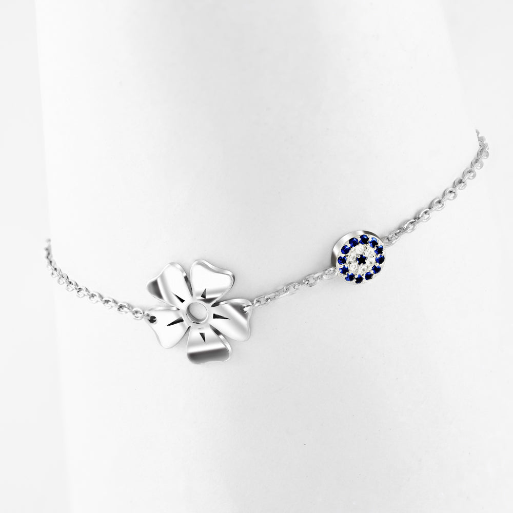 Blue Evil Eye & Flower Link Bracelet