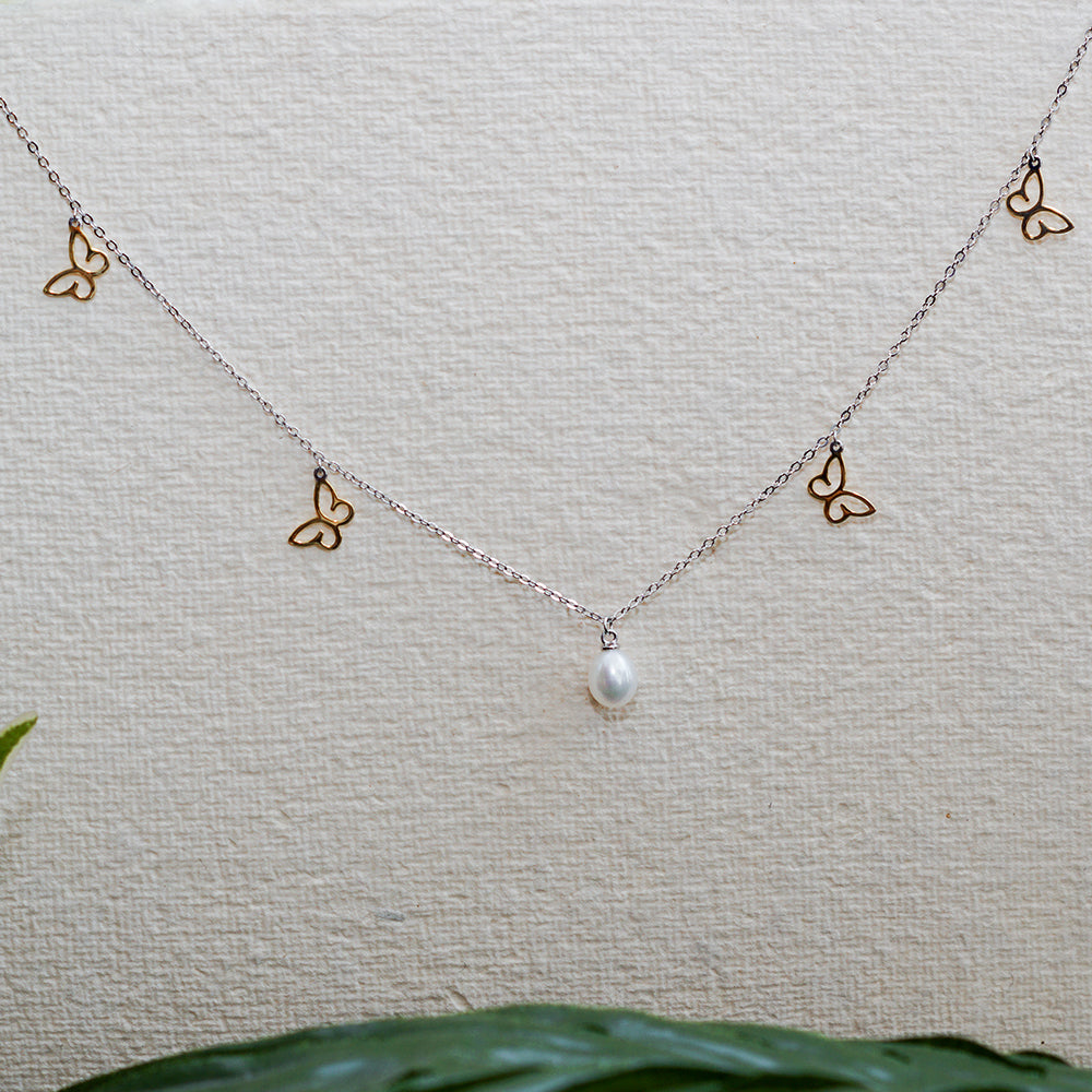 Pearl Drop Golden Butterfly Necklace